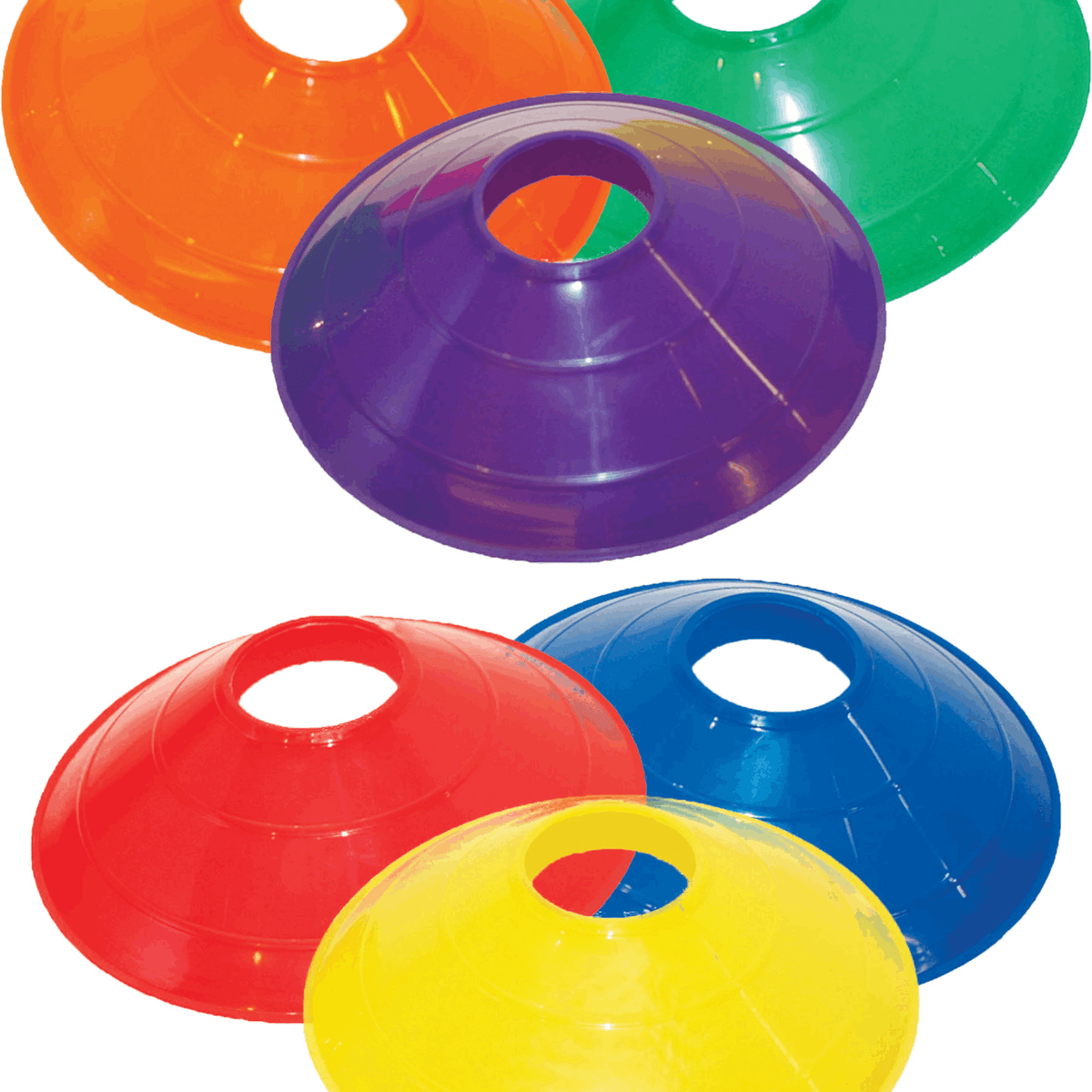 Colored disc cones box of 25 in red, blue, yellow, orange, green, and purple for soccer drills, agility training, and sports practice