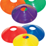 Colored disc cones box of 25 in red, blue, yellow, orange, green, and purple for soccer drills, agility training, and sports practice