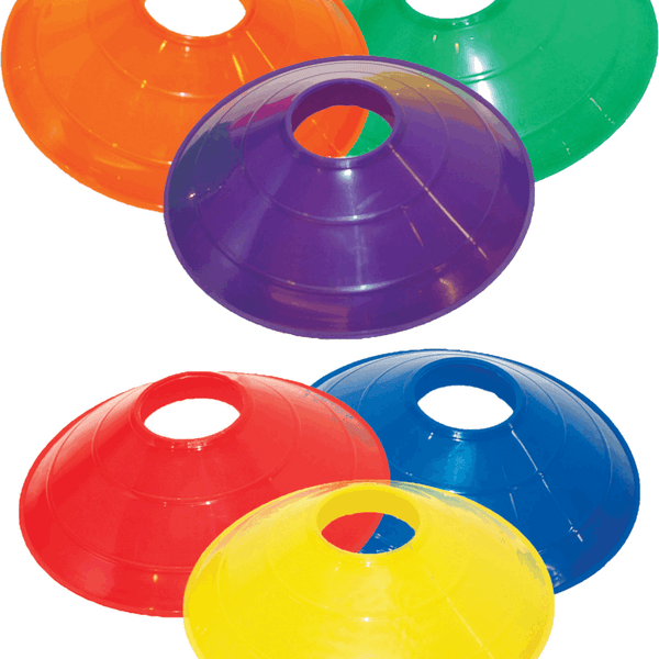 Colored disc cones box of 25 in red, blue, yellow, orange, green, and purple for soccer drills, agility training, and sports practice