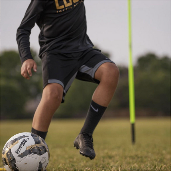 Black & Gold NFHS Approved DuelTech Soccer Ball in Play