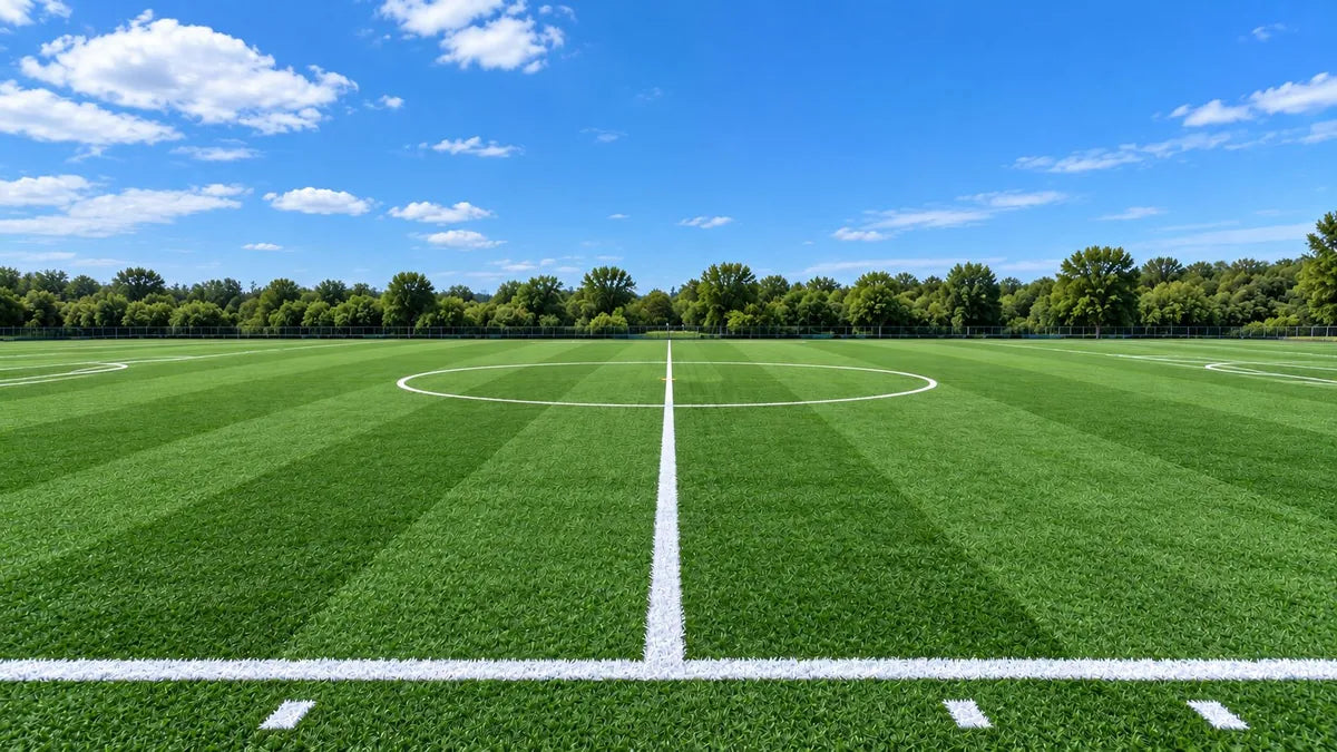 Artificial turf soccer field under bright blue sky
