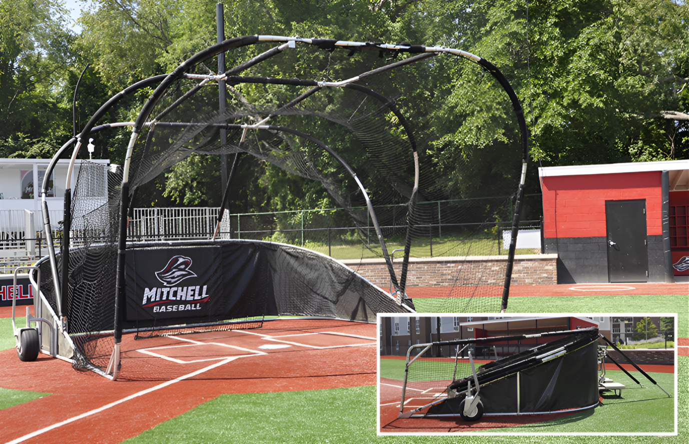 Outdoor portable batting cage on wheels used for baseball practice on a grass field with protective netting
