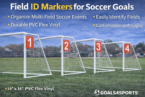 Field ID markers numbered 1-4 displayed on soccer goals with text highlighting durable, customizable PVC flex vinyl.