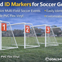 Field ID markers numbered 1-4 displayed on soccer goals with text highlighting durable, customizable PVC flex vinyl.