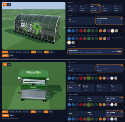 Goals4Sports European team shelter and green press box 3D designers showing custom logos, color choices, and size options.