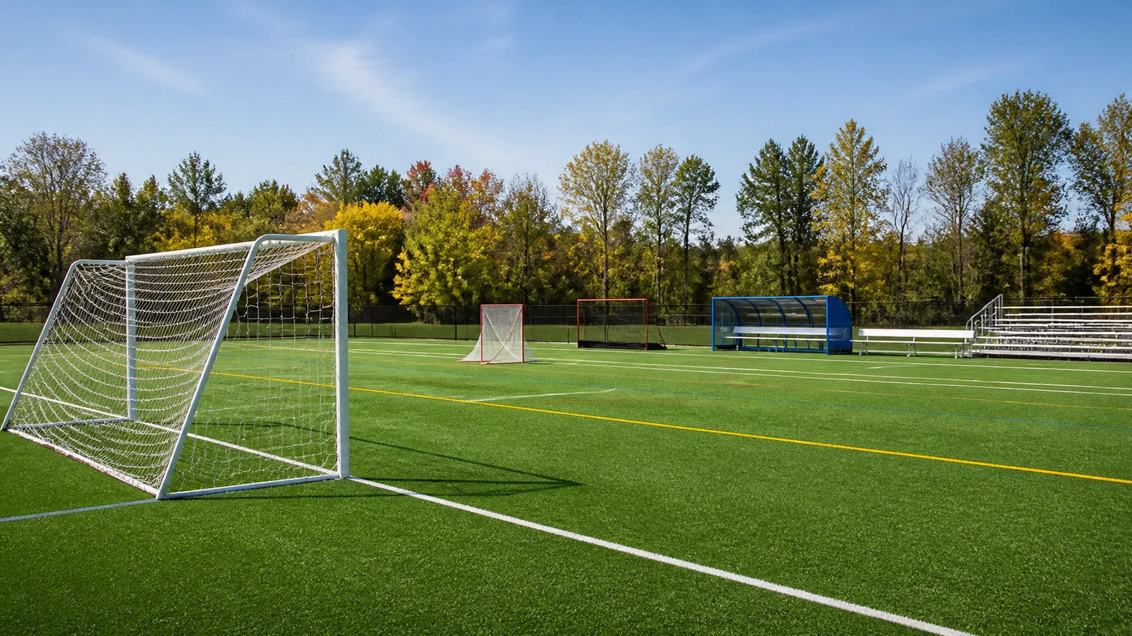 September multi-sport school field with soccer goal, lacrosse goal, team shelter, and bleachers