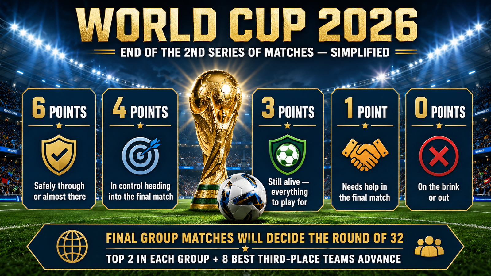 World Cup 2026 infographic showing what 6, 4, 3, 1, and 0 points mean after two group-stage matches.
