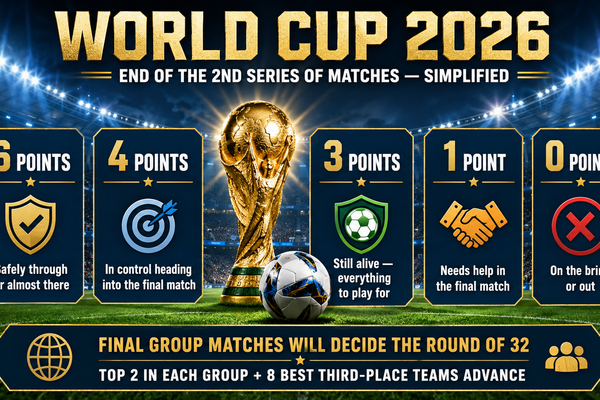 World Cup 2026 infographic showing what 6, 4, 3, 1, and 0 points mean after two group-stage matches.
