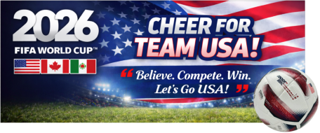 2026 FIFA World Cup Team USA banner with U.S., Canada, and Mexico flags, patriotic quote, and soccer ball on a stadium field.