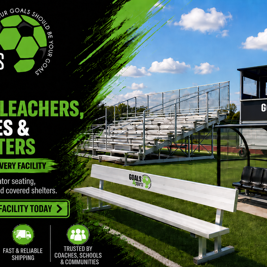 Sports facility with benches, bleachers, press box, and team shelter featuring Goals4Sports branding and promotional text.