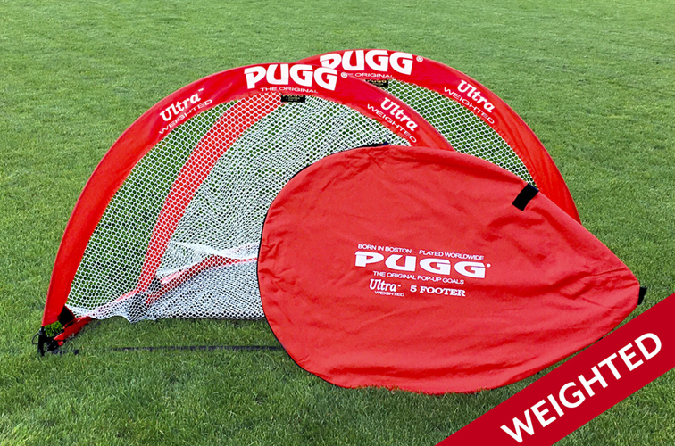 PUGG weighted pop-up soccer goals pair used for youth training and small-sided games