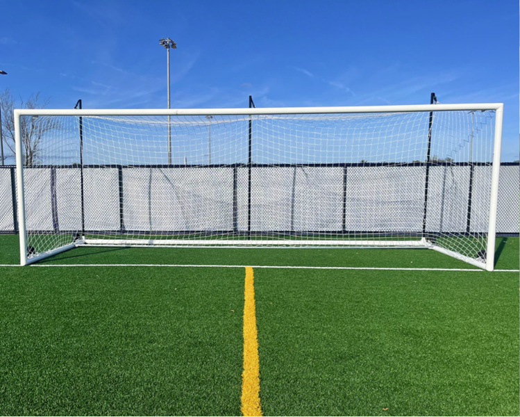 Pevo portable soccer goal on turf field with net attached