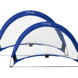 2.5 x 1.5 foot portable pop-up soccer goal with blue half-moon frame, white 8mm netting, and foldable steel support rods for backyard youth training and mini soccer games