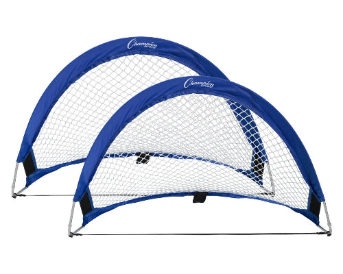2.5 x 1.5 foot portable pop-up soccer goal with blue half-moon frame, white 8mm netting, and foldable steel support rods for backyard youth training and mini soccer games