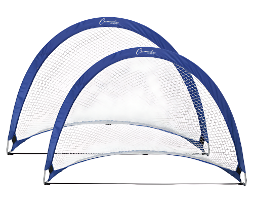 4 x 3 foot pop-up soccer goal pair with blue half-moon frame, reinforced white polyester netting, and foldable steel base for youth training and small-sided backyard games