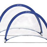 4 x 3 foot pop-up soccer goal pair with blue half-moon frame, reinforced white polyester netting, and foldable steel base for youth training and small-sided backyard games