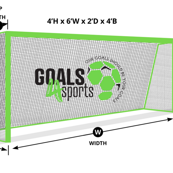 Soccer goal diagram showing 4-foot height, 6-foot width, 2-foot top depth, and 4-foot bottom depth.