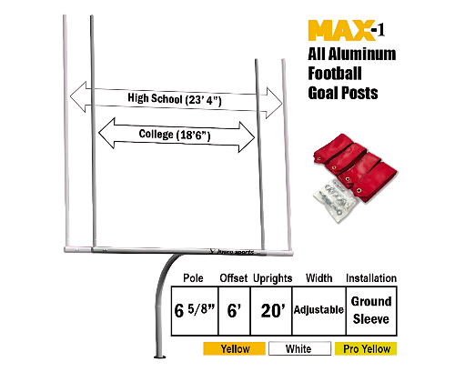 Expandable all-aluminum football goal posts with adjustable crossbar for high school and college play, 6-5/8 inch pole, 6 ft offset, 20 ft uprights, Max-1 design by Jaypro Sports