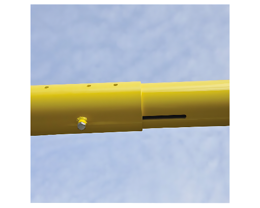 Close-up of expandable football goal post crossbar showing telescoping adjustment mechanism and locking bolt on all-aluminum Max-1 football goal system