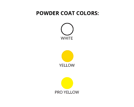 Powder coat color options for expandable football goal posts showing white, yellow, and pro yellow finishes available for all-aluminum Max-1 football goal system
