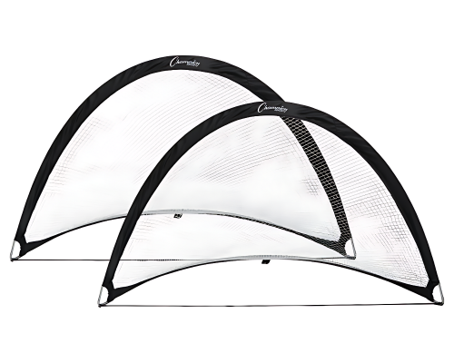 6 x 4 foot portable pop-up soccer goal set with black half-moon frame, heavy-duty white netting, and foldable steel base for youth practice and small-sided soccer training