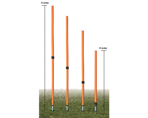 Adjustable agility poles displayed at heights from 43 to 72 inches on grass