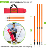Adjustable agility pole set with carry bag and height range from 43 to 72 inches