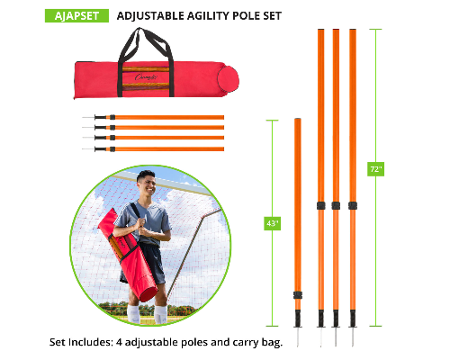 Adjustable agility pole set with carry bag and height range from 43 to 72 inches