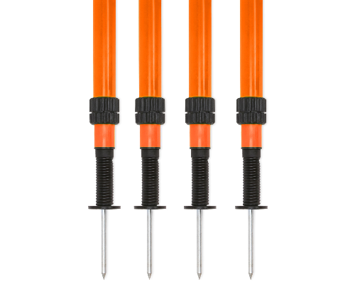 Four orange agility poles with spring-loaded spikes and locking collars