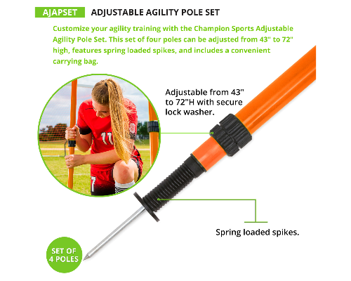 Adjustable agility pole set with four poles, carry bag, and height details
