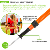 Adjustable agility pole set with four poles, carry bag, and height details