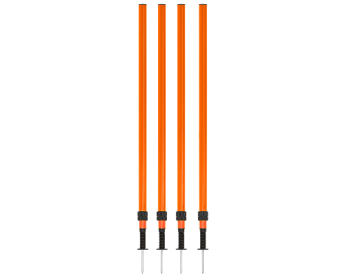 Four adjustable orange agility poles with ground spikes on a white background