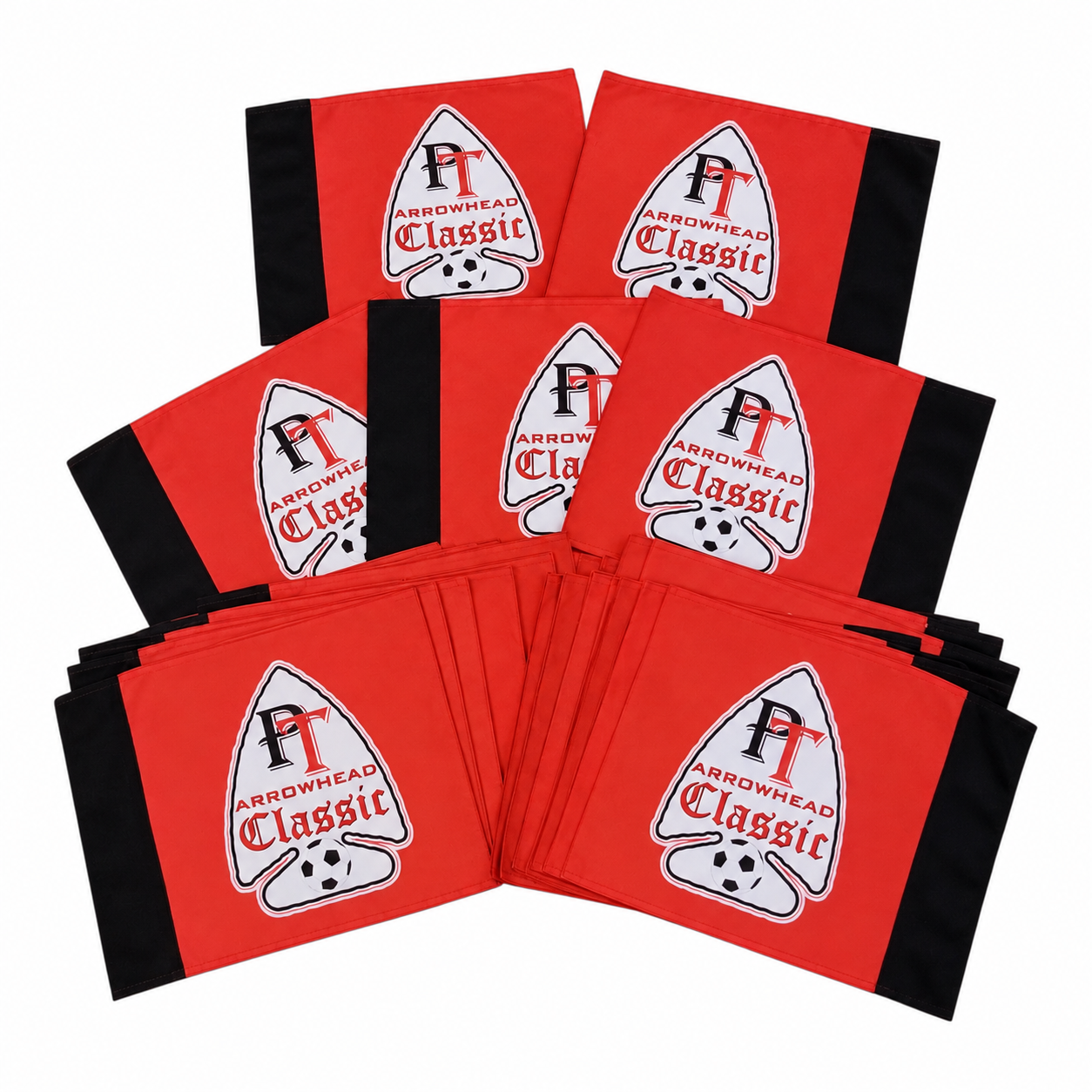 Custom red Arrowhead Classic soccer corner flags featuring team logos