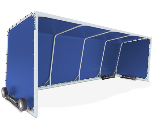 Portable aluminum team shelter with weather resistant fabric
