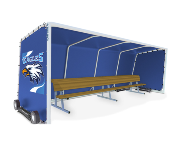 Aluminum sideline shelter with royal blue fabric covering and Logo