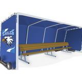 Aluminum sideline shelter with royal blue fabric covering and Logo