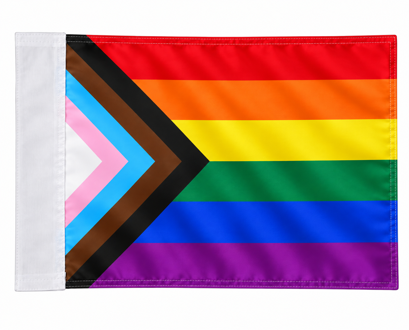 Custom Progress Pride soccer corner flag with rainbow stripes, multicolor chevron, and wide white pole pocket
