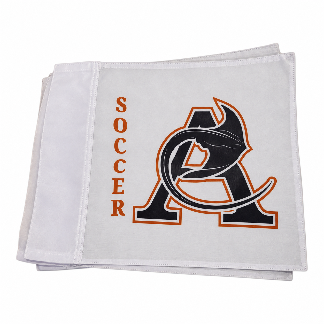 White custom soccer corner flag featuring A soccer logo