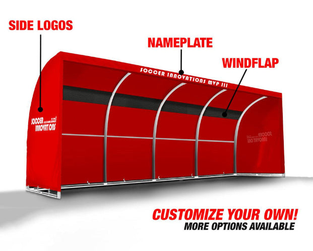 Custom MVP team shelter replacement cover showing side logos, nameplate, and rear wind flap customization options