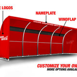 Custom MVP team shelter replacement cover showing side logos, nameplate, and rear wind flap customization options