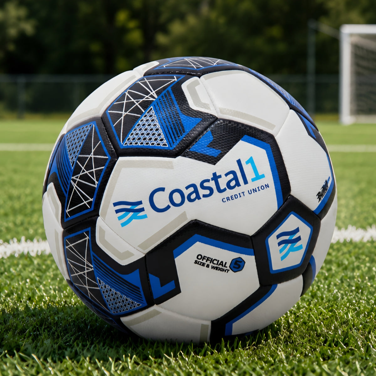 Customized Coastal1 Credit Union soccer ball displayed on a grass field with a soccer goal in the background.