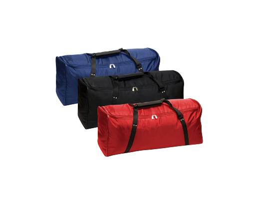 Deluxe Equipment Bag in navy blue, black, and red with heavy-duty 420 denier water-resistant construction, U-shaped zipper, and reinforced carry straps by Goals4Sports®