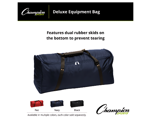 Champion Sports Deluxe Equipment Bag showing dual rubber skids on bottom, available in red, navy, and black heavy-duty 420D team gear bags by Goals4Sports®