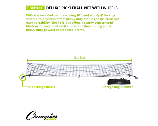 Deluxe pickleball net with wheels - 18 foot portable net system with 4 inch locking casters and storage bag by Champion Sports
