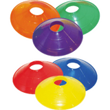 Colored disc cones box of 25 in red, blue, yellow, orange, green, and purple for soccer drills and agility training