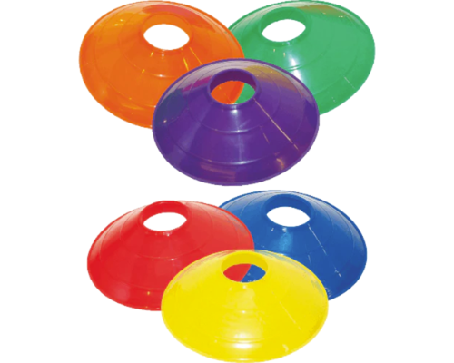 Colored disc cones box of 25 in red, blue, yellow, orange, green, and purple for soccer drills and agility training