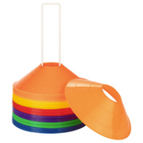 Stacked colored disc cones with carrying handle in orange, red, yellow, green, blue, and purple.