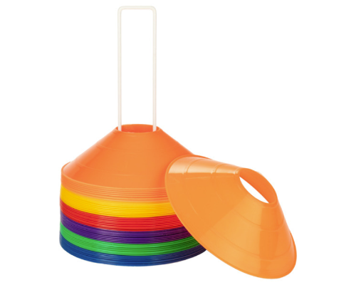 Stacked colored disc cones with carrying handle in orange, red, yellow, green, blue, and purple.