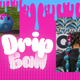 Promotional banner for the Drip Soccer Ball featuring product photos, pink and blue drip graphics, and a player holding the ball
