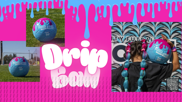 Promotional banner for the Drip Soccer Ball featuring product photos, pink and blue drip graphics, and a player holding the ball
